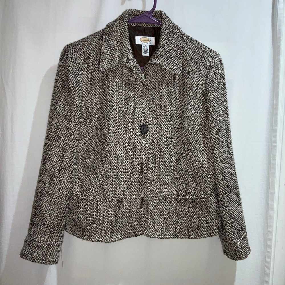 Talbots wool blend tweed jacket Sz 6P lined 4 button closure pockets